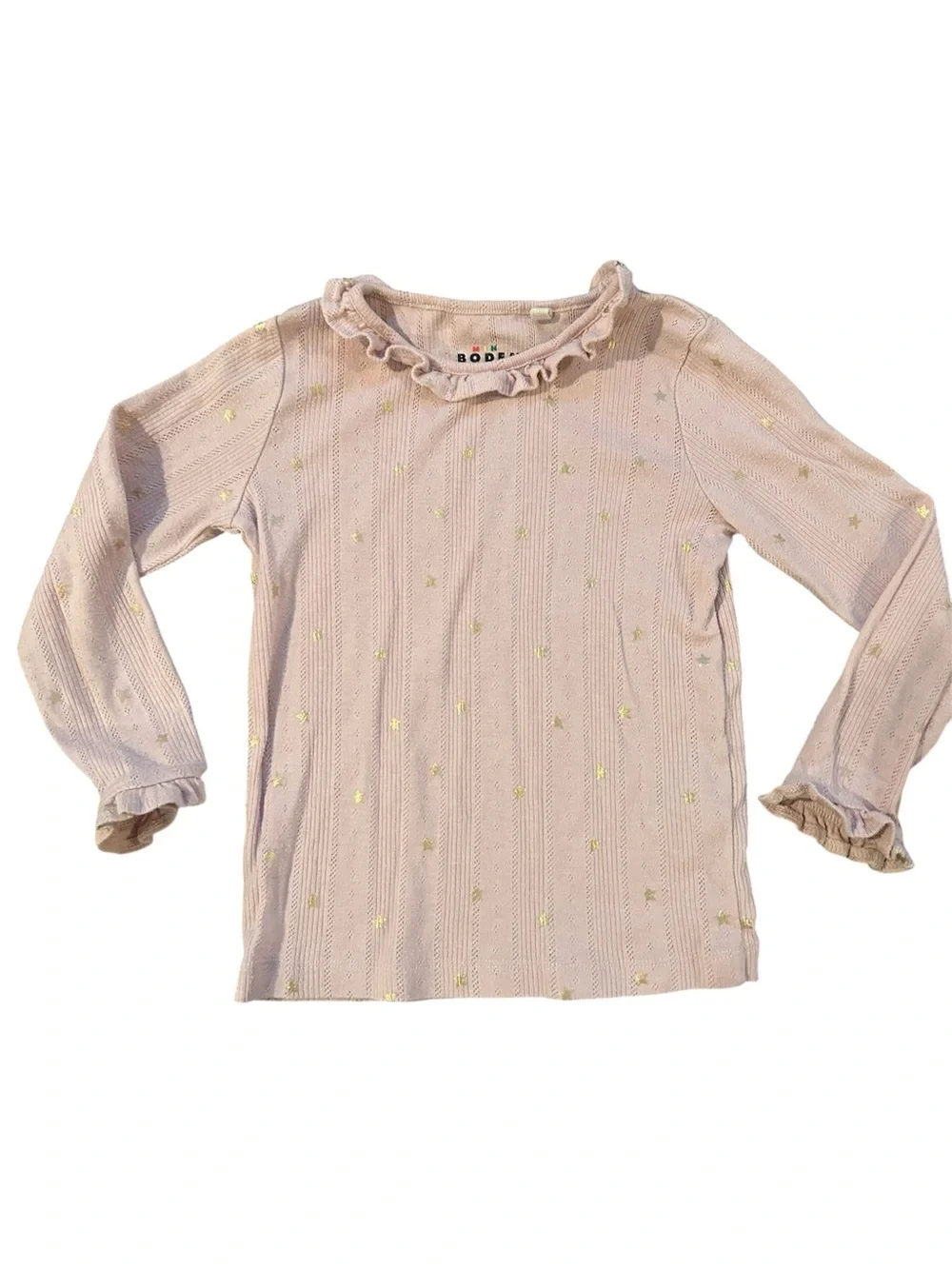 Mini Boden Girls' Pink Ruffle Neck Long-Sleeve Top with Gold Stars Size 5-6YRS